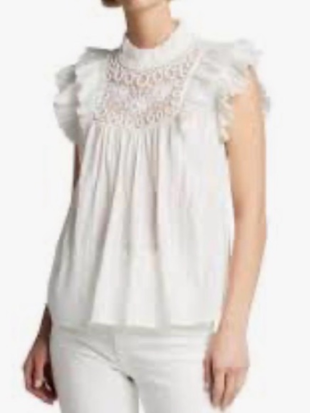 Sea White Ruffled Lace Yoke Cotton Blouse